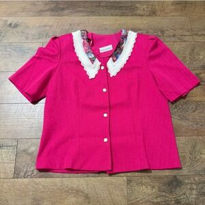Vintage Pablo Collection Pink Lace Floral‎ Collar Button Up Blouse Made in USA